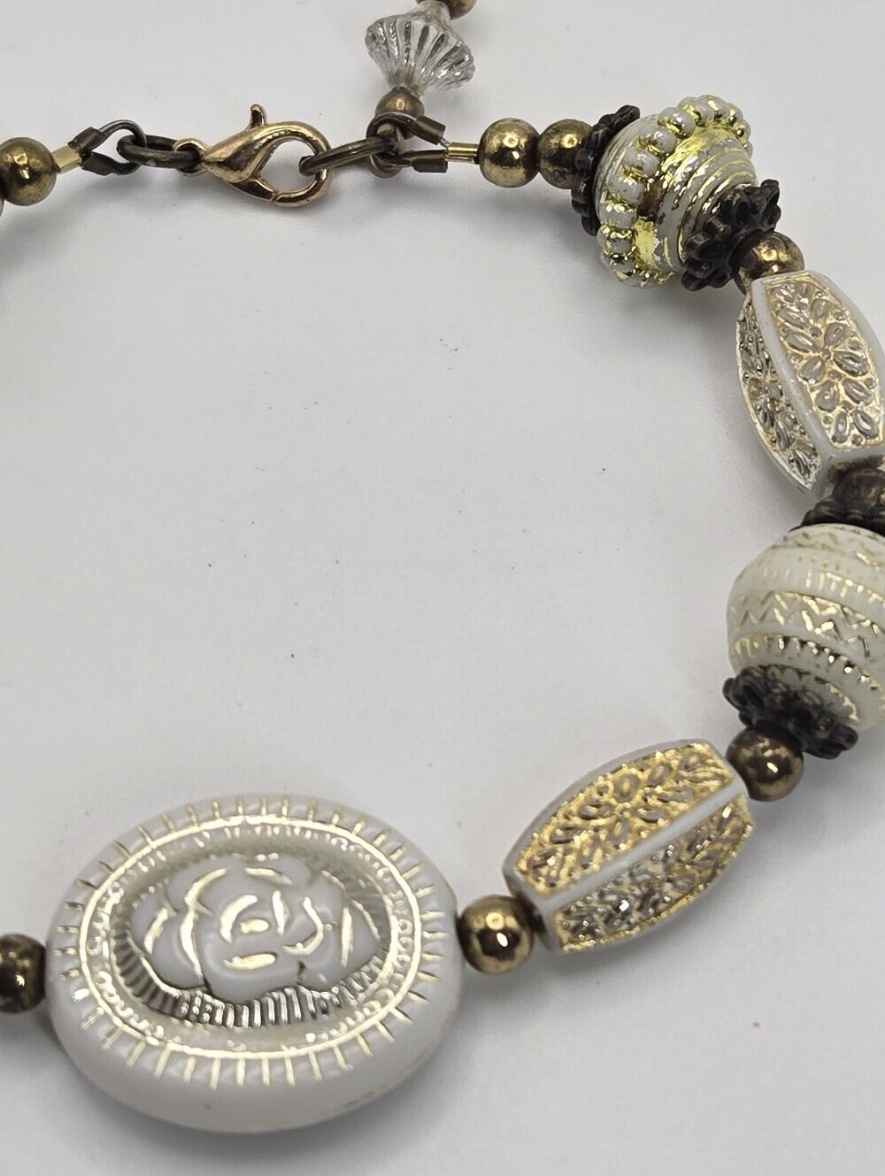 Gold And White Rose Bead Bracelet With Clasp Handmade Artisan Jewelry - Picture 3 of 5